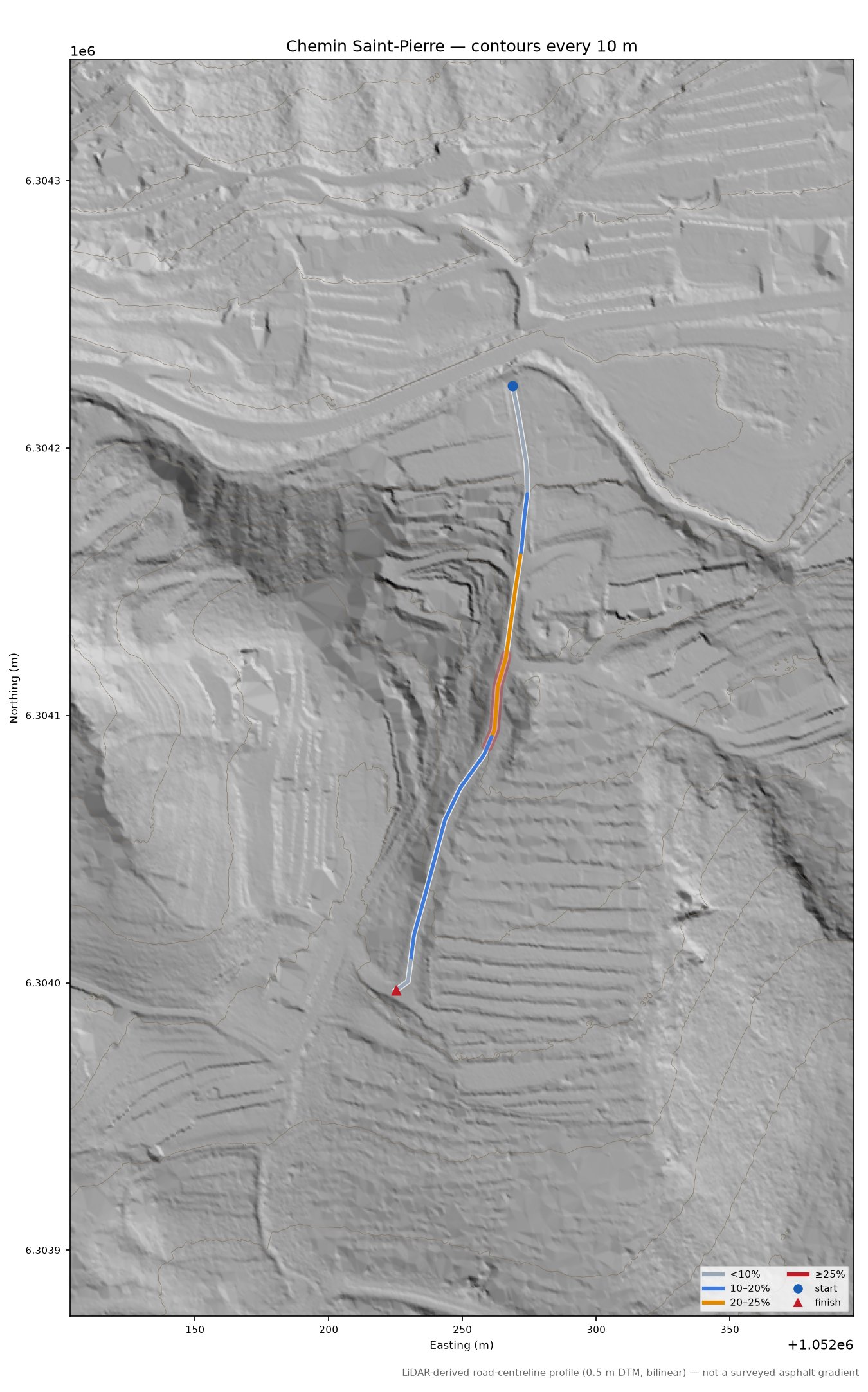 Chemin Saint-Pierre LiDAR hillshade map with contours
