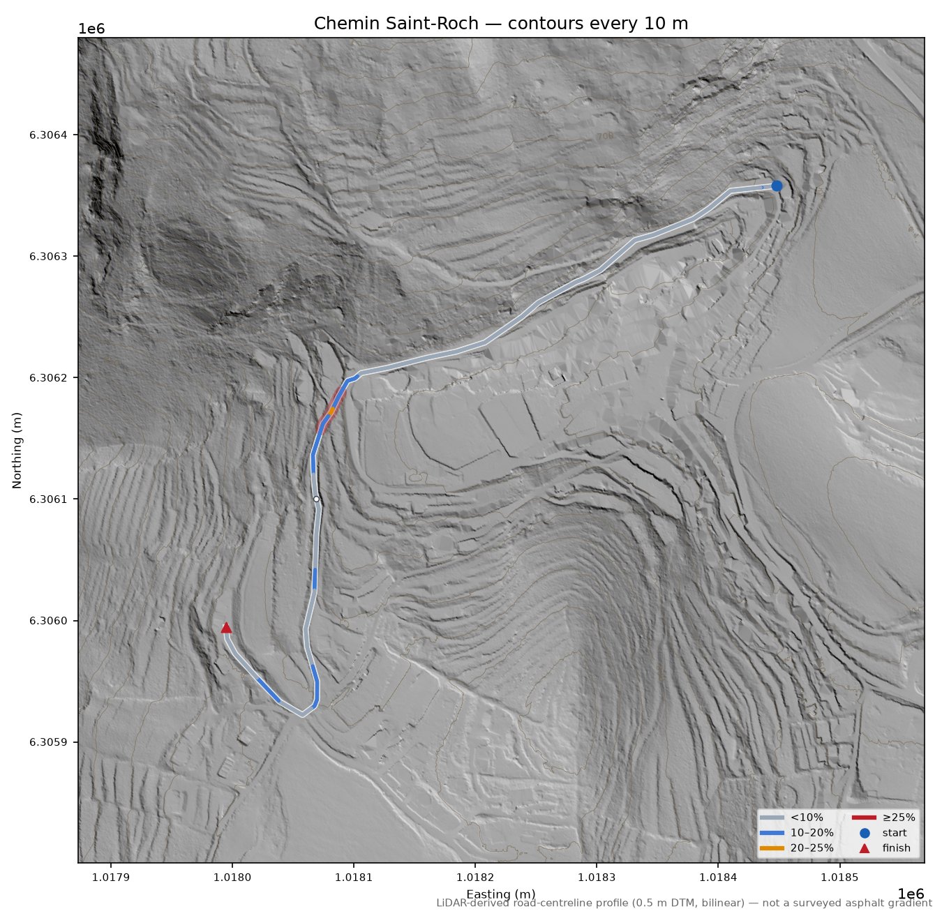 Chemin Saint-Roch LiDAR hillshade map with contours