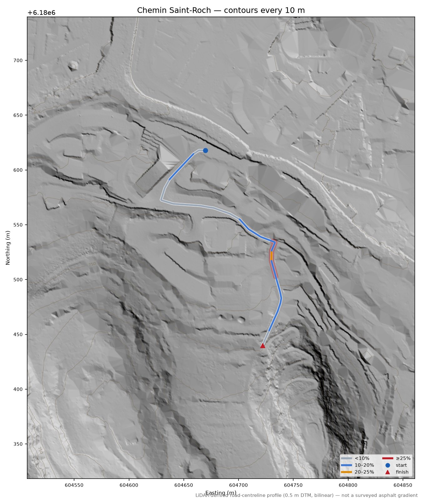 Chemin Saint-Roch LiDAR hillshade map with contours