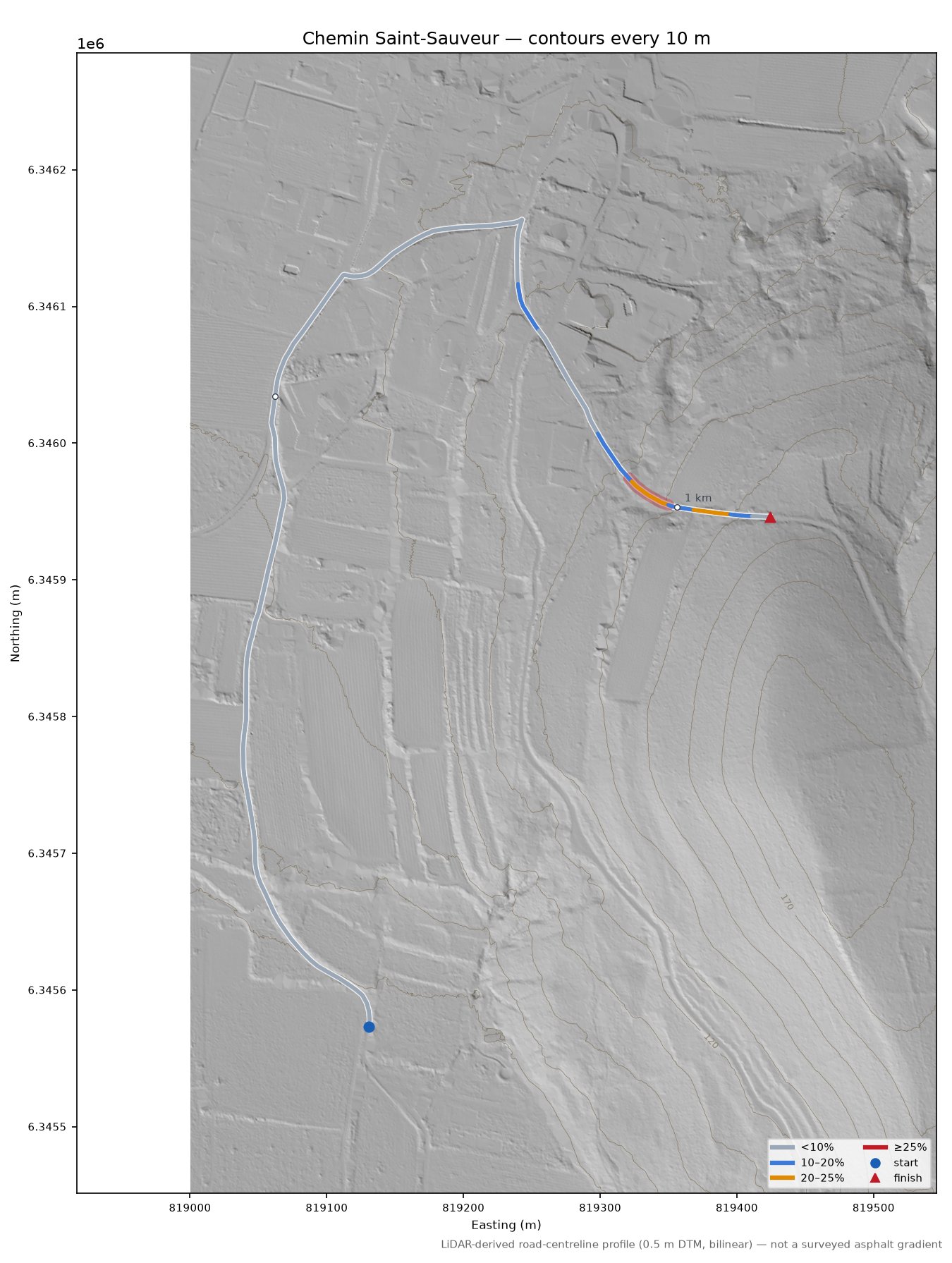 Chemin Saint-Sauveur LiDAR hillshade map with contours
