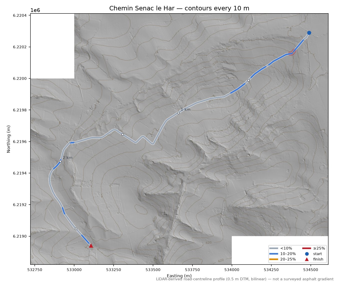 Chemin Senac le Har LiDAR hillshade map with contours