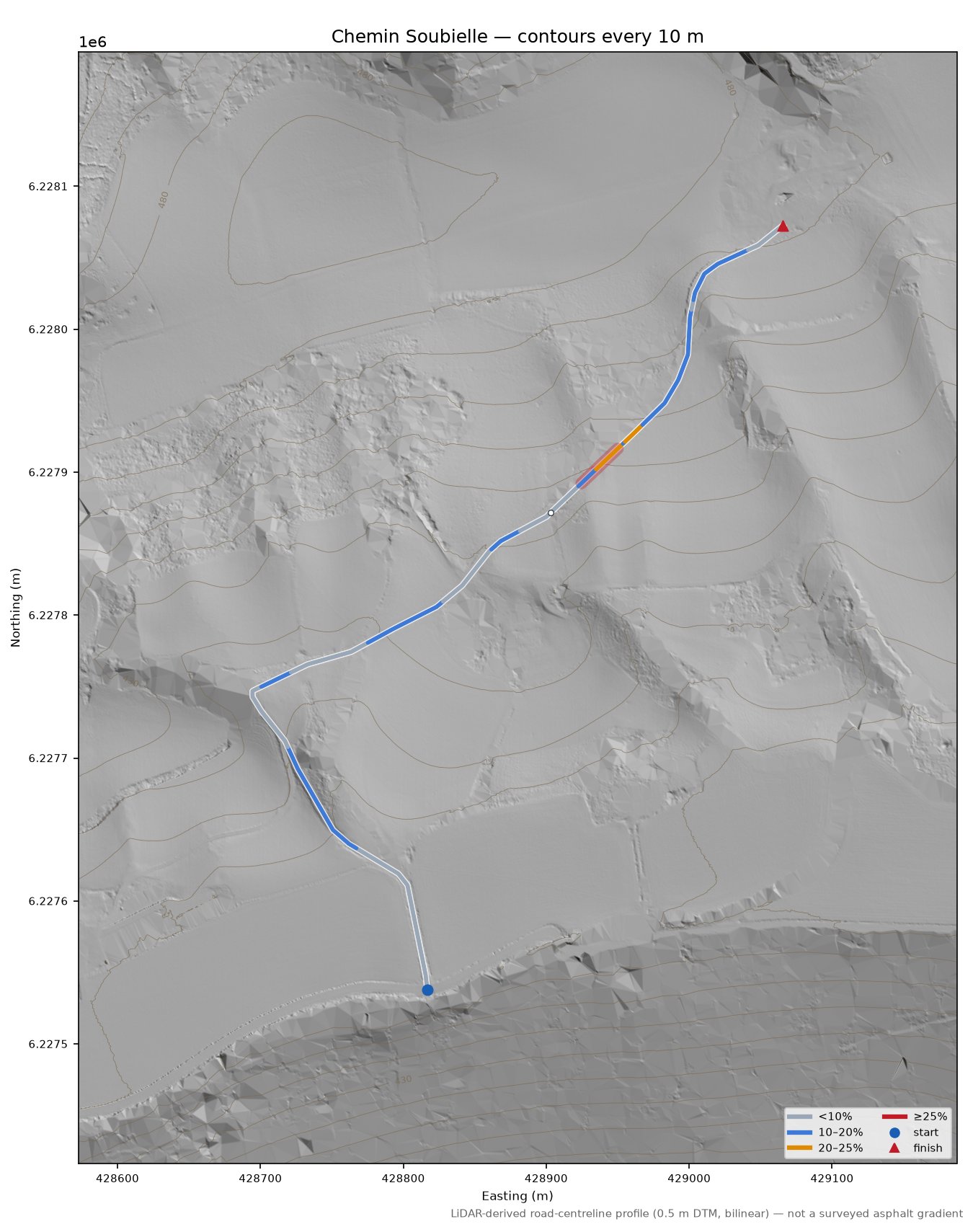 Chemin Soubielle LiDAR hillshade map with contours