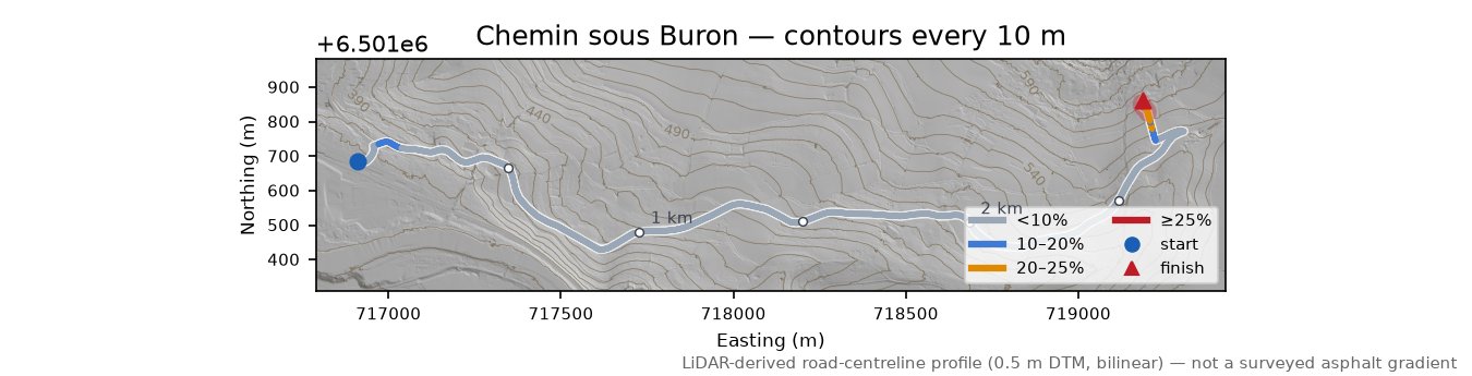 Chemin sous Buron LiDAR hillshade map with contours