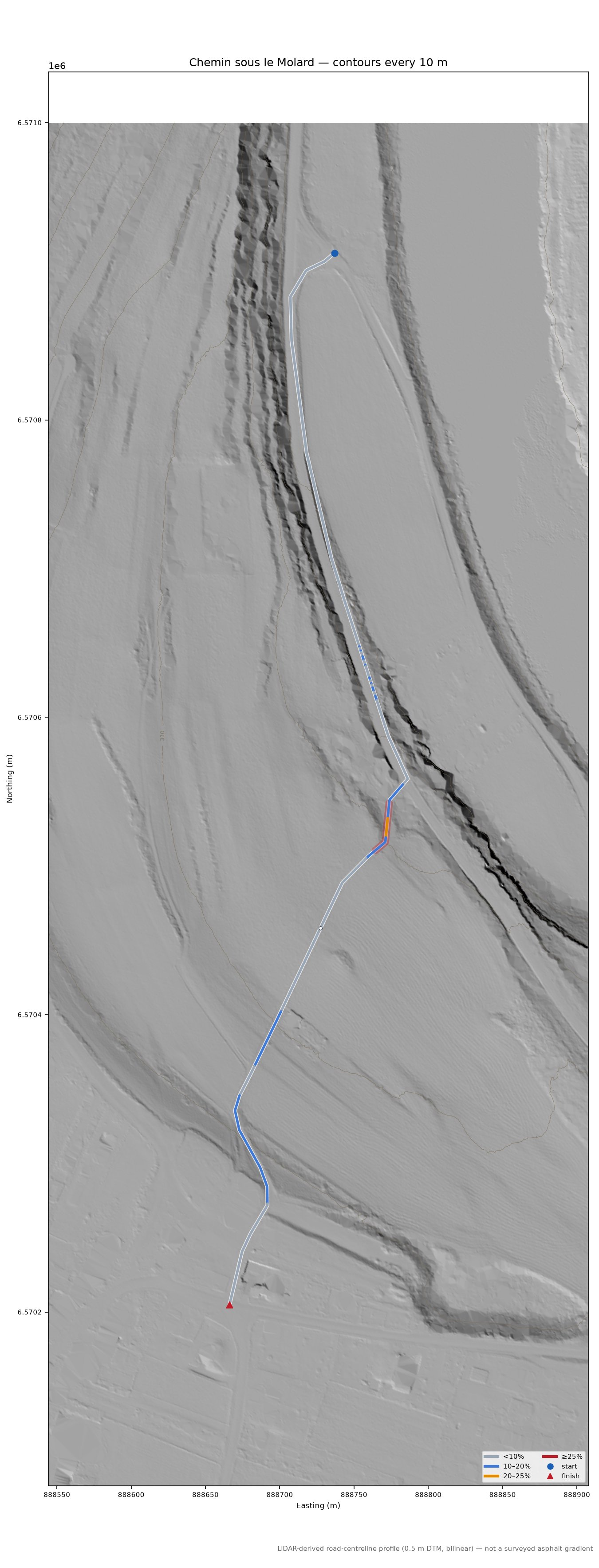 Chemin sous le Molard LiDAR hillshade map with contours