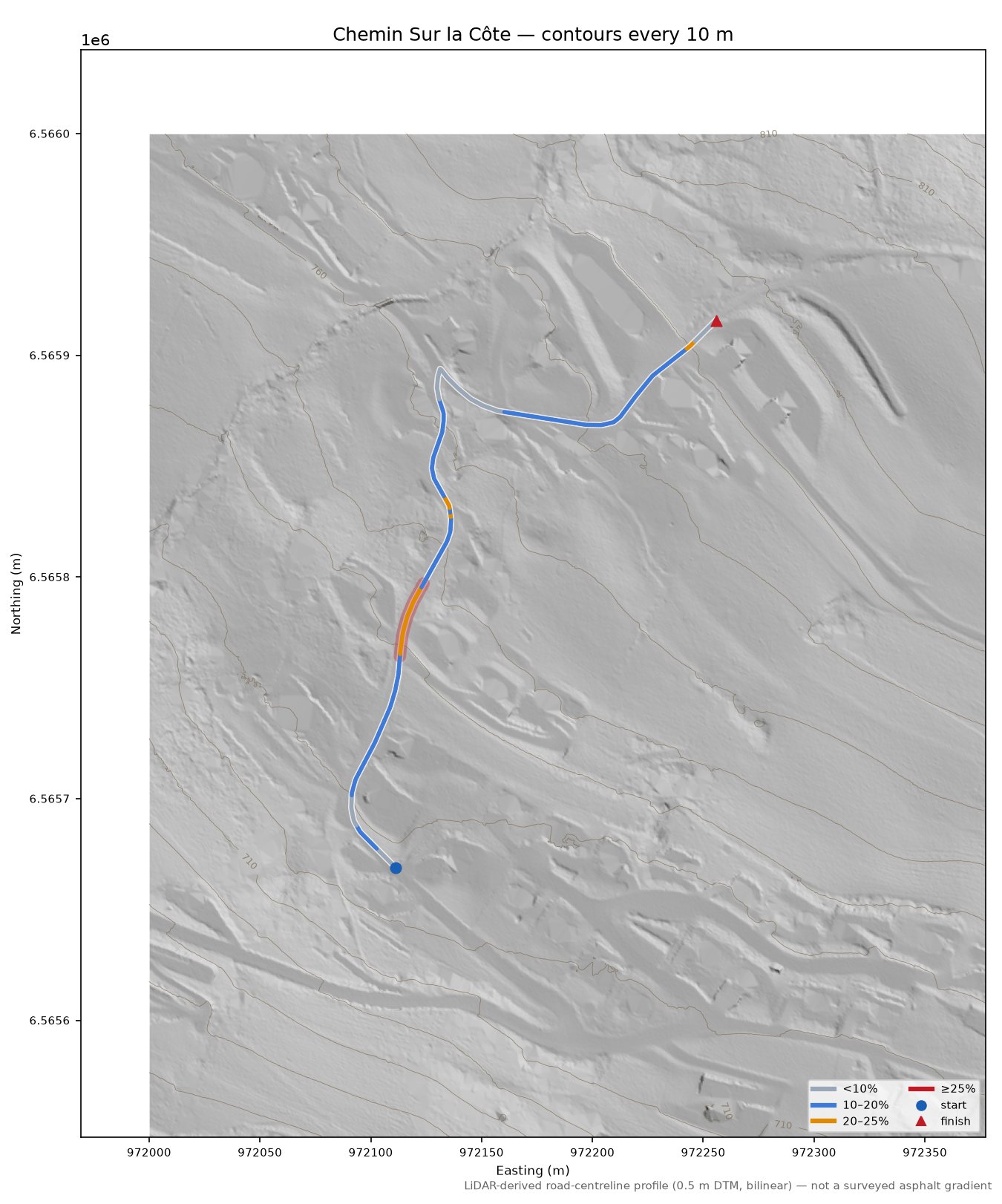 Chemin Sur la Côte LiDAR hillshade map with contours