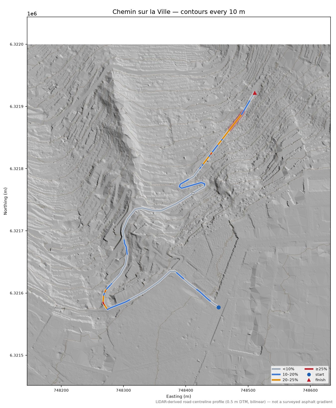 Chemin sur la Ville LiDAR hillshade map with contours