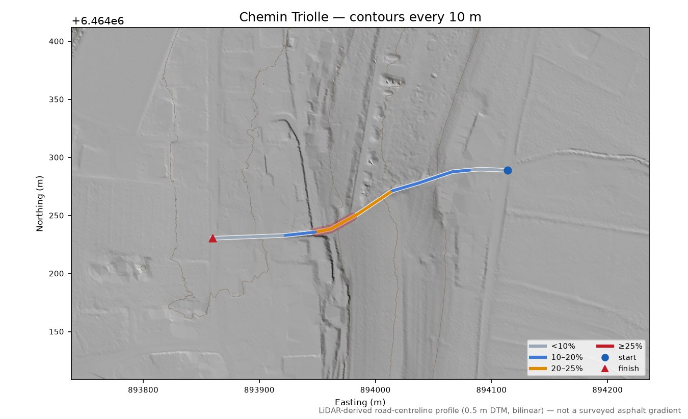 Chemin Triolle LiDAR hillshade map with contours