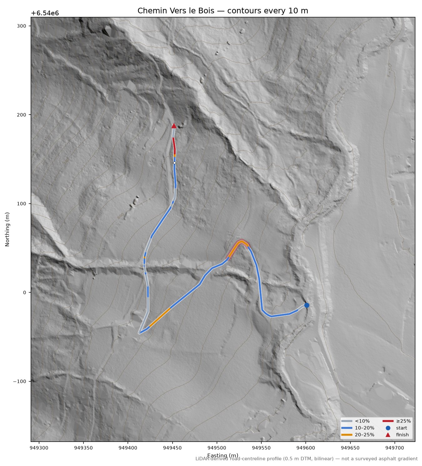 Chemin Vers le Bois LiDAR hillshade map with contours