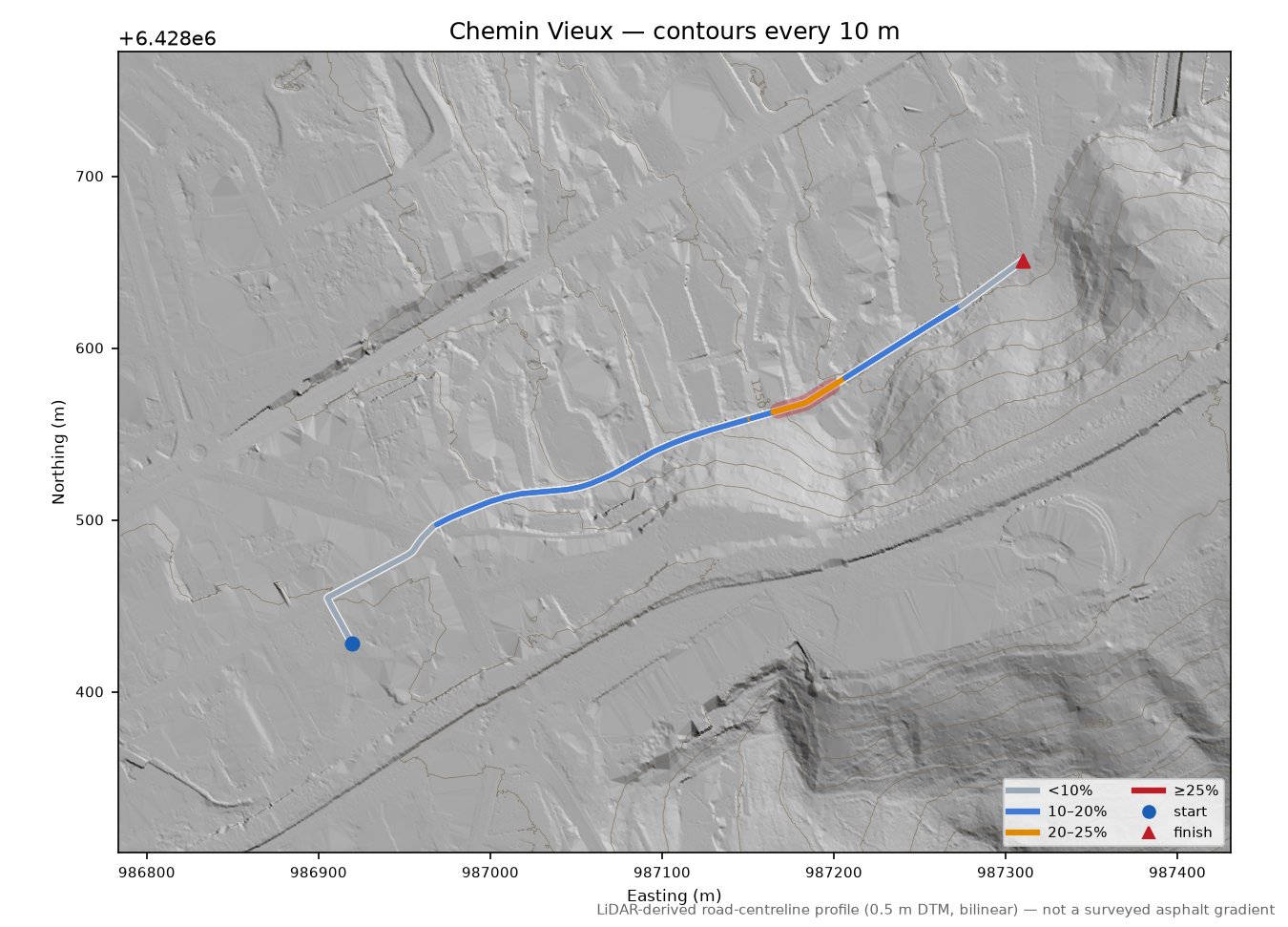 Chemin Vieux LiDAR hillshade map with contours