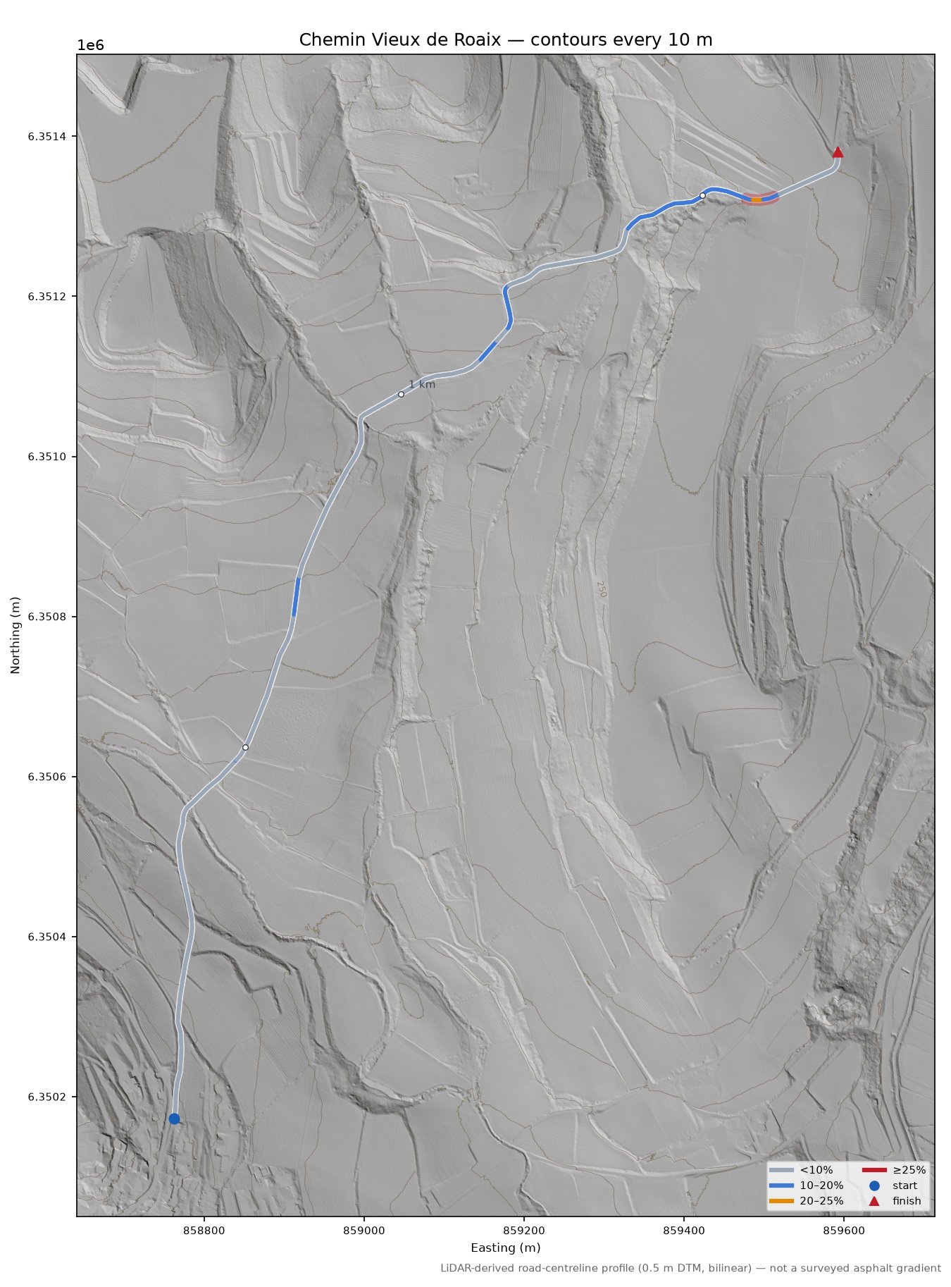 Chemin Vieux de Roaix LiDAR hillshade map with contours