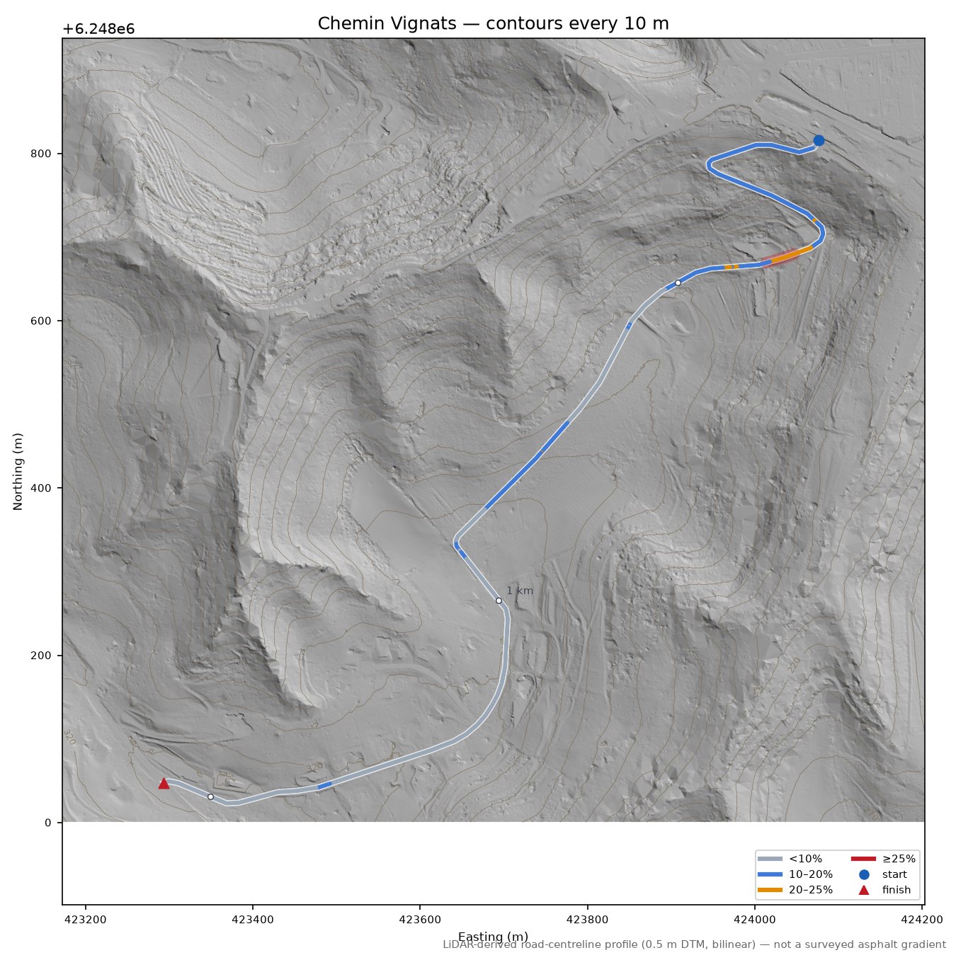 Chemin Vignats LiDAR hillshade map with contours