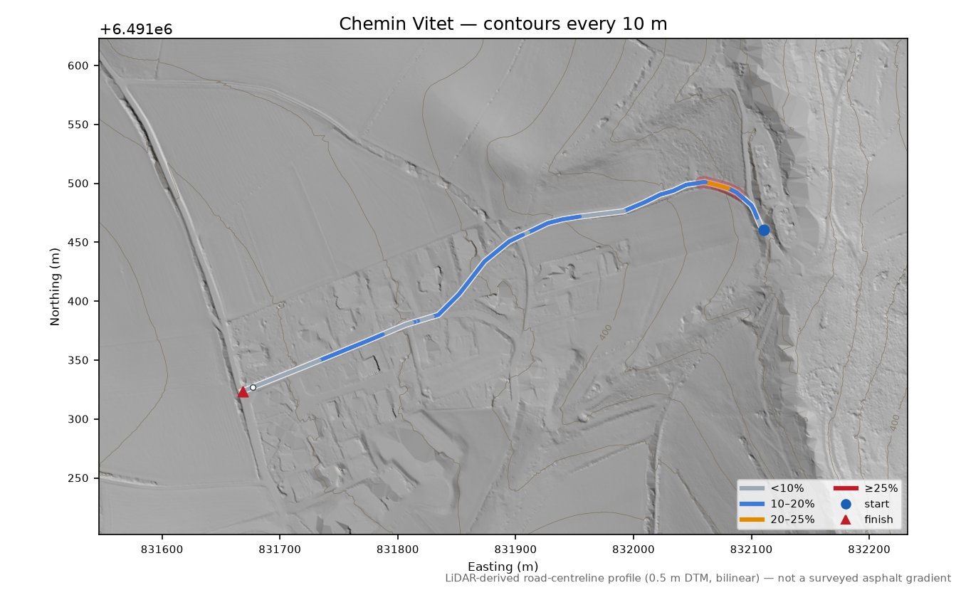 Chemin Vitet LiDAR hillshade map with contours