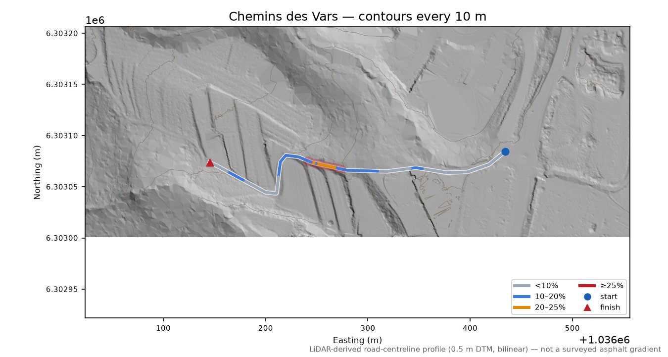 Chemins des Vars LiDAR hillshade map with contours