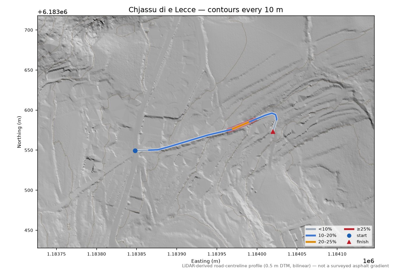 Chjassu di e Lecce LiDAR hillshade map with contours