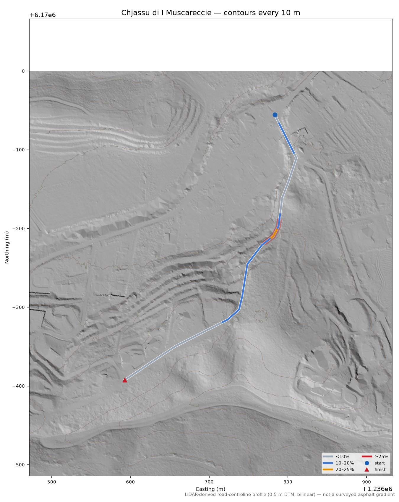 Chjassu di I Muscareccie LiDAR hillshade map with contours