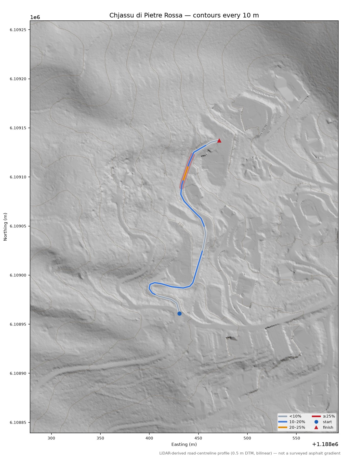 Chjassu di Pietre Rossa LiDAR hillshade map with contours