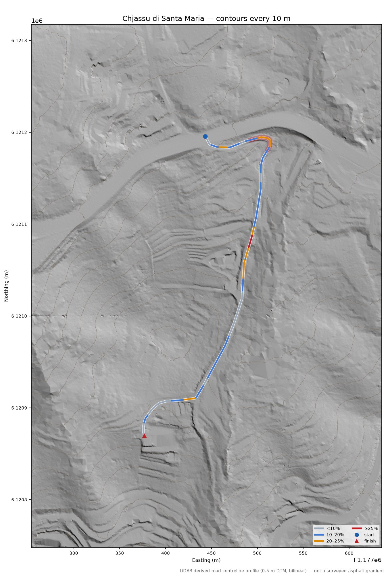 Chjassu di Santa Maria LiDAR hillshade map with contours