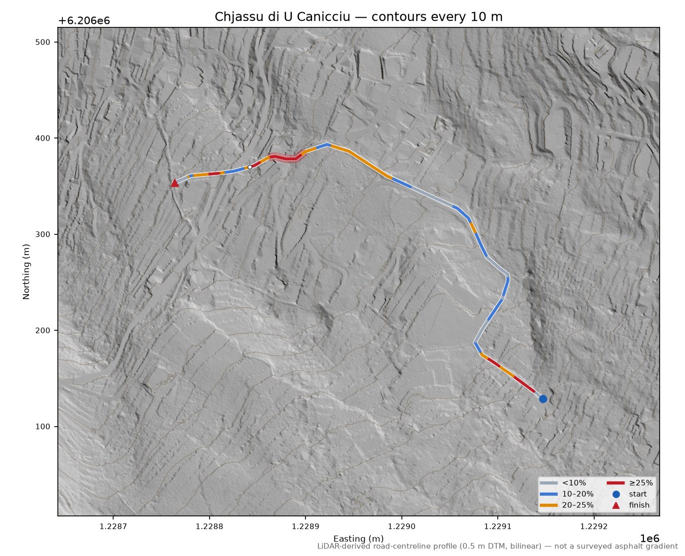 Chjassu di U Canicciu LiDAR hillshade map with contours