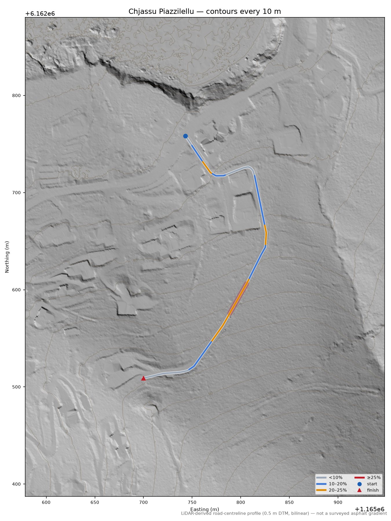 Chjassu Piazzilellu LiDAR hillshade map with contours