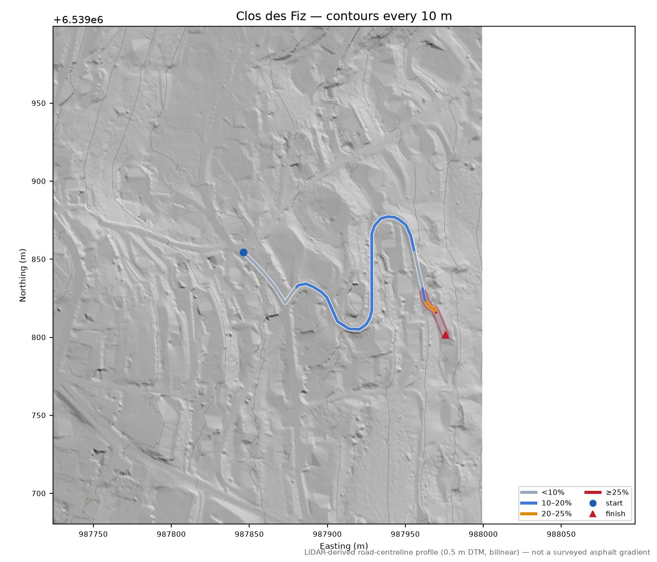Clos des Fiz LiDAR hillshade map with contours