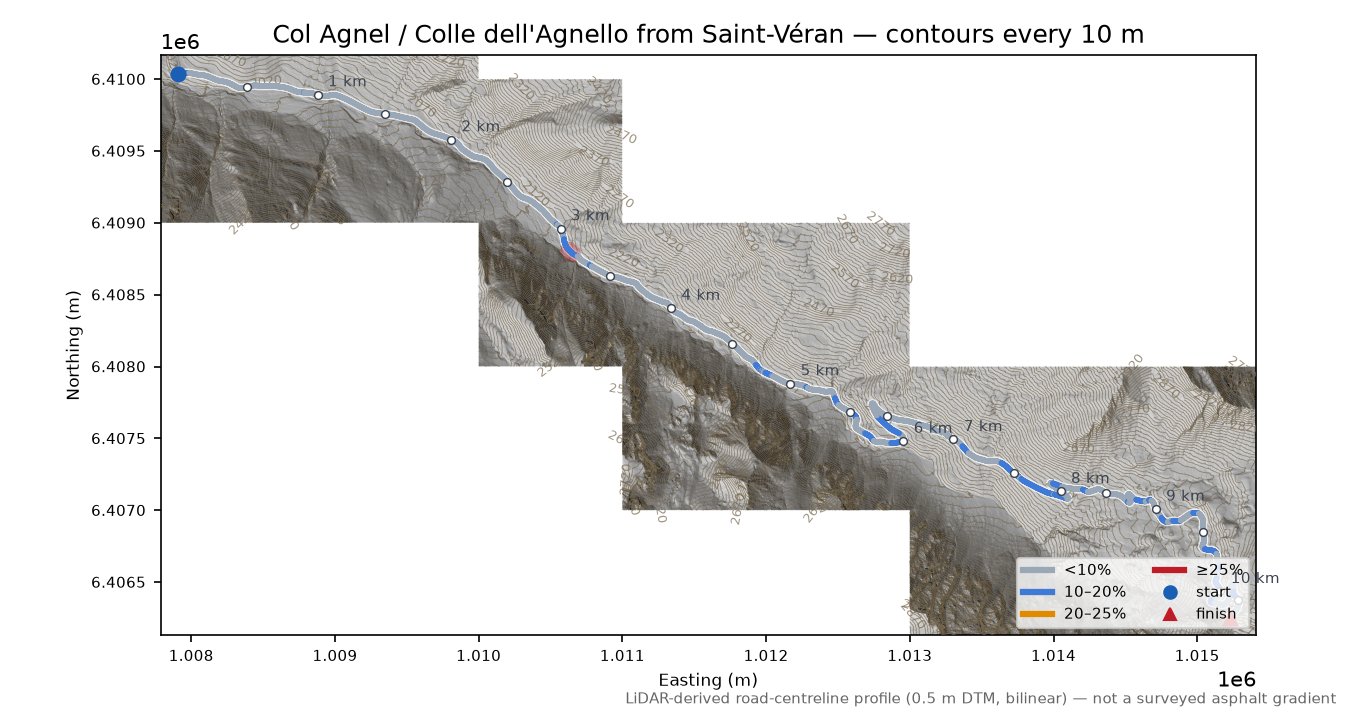 Col Agnel / Colle dell'Agnello from Saint-Véran LiDAR hillshade map with contours