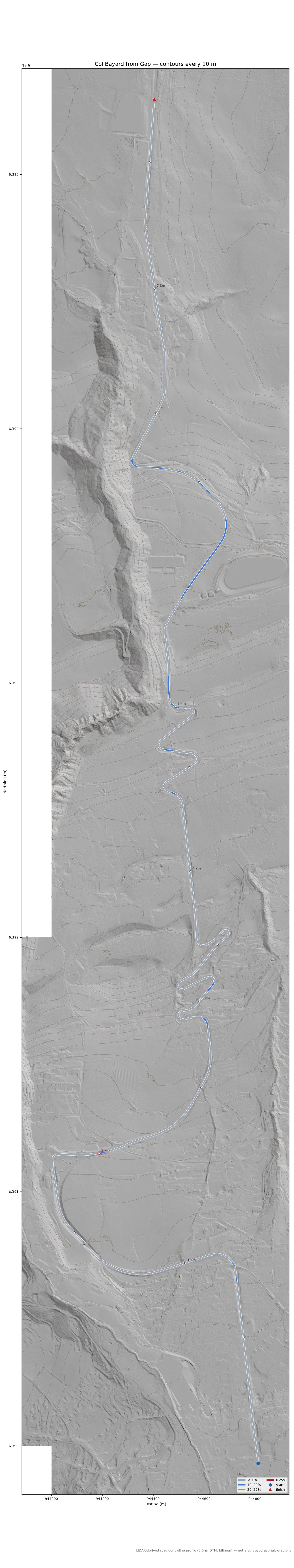Col Bayard from Gap LiDAR hillshade map with contours