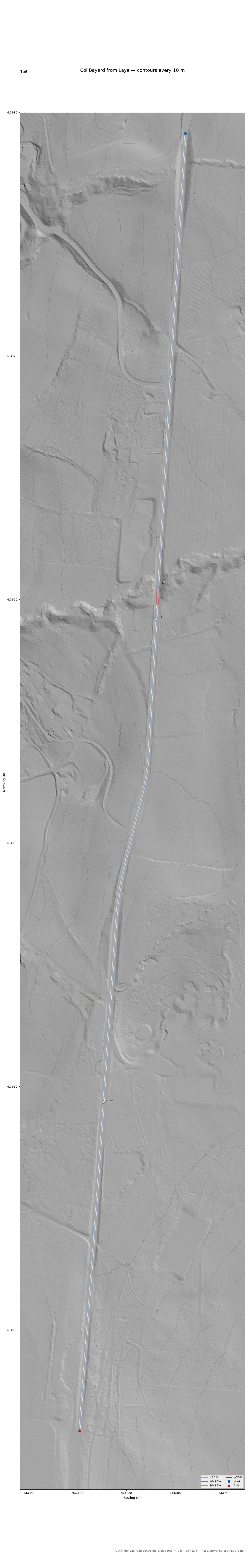 Col Bayard from Laye LiDAR hillshade map with contours
