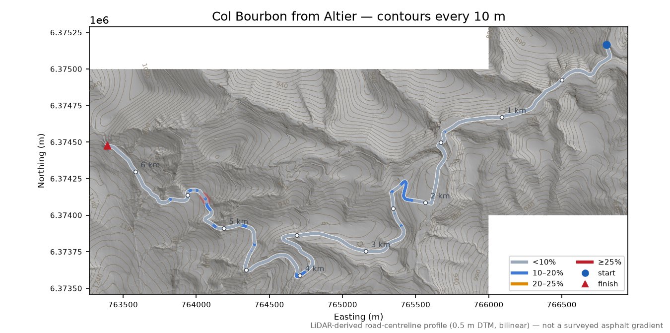Col Bourbon from Altier LiDAR hillshade map with contours