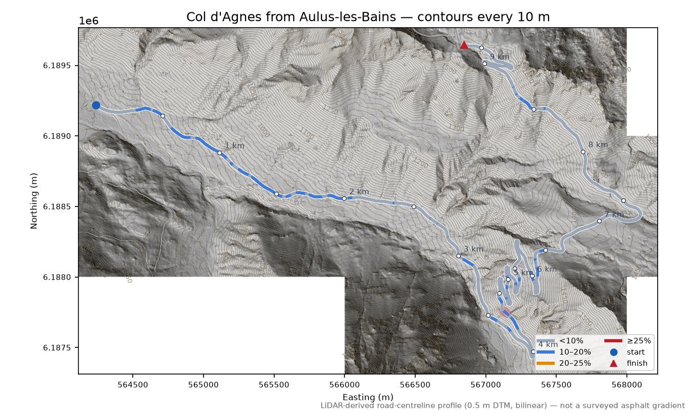 Col d'Agnes from Aulus-les-Bains LiDAR hillshade map with contours