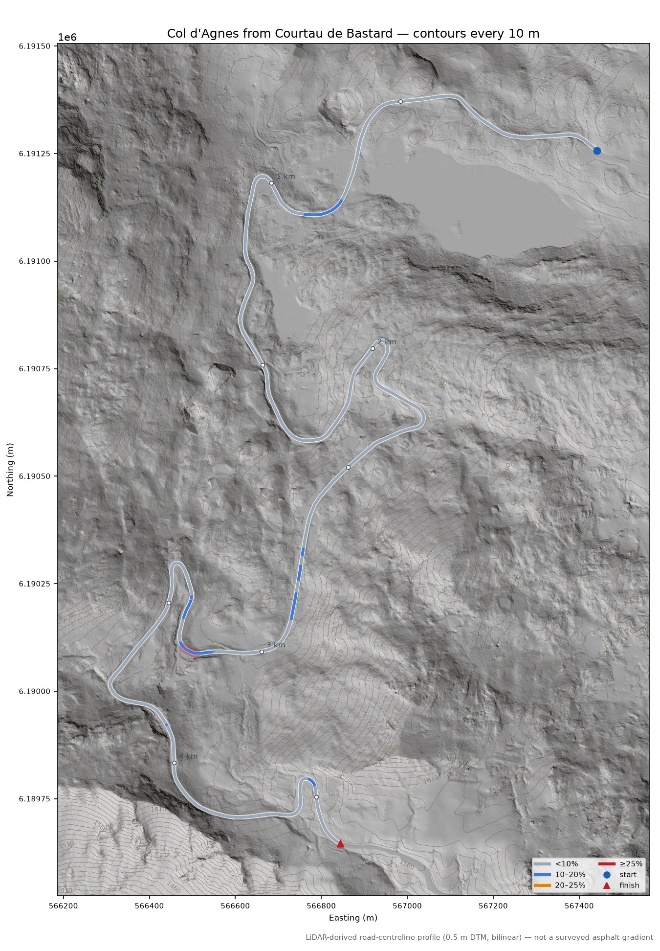 Col d'Agnes from Courtau de Bastard LiDAR hillshade map with contours
