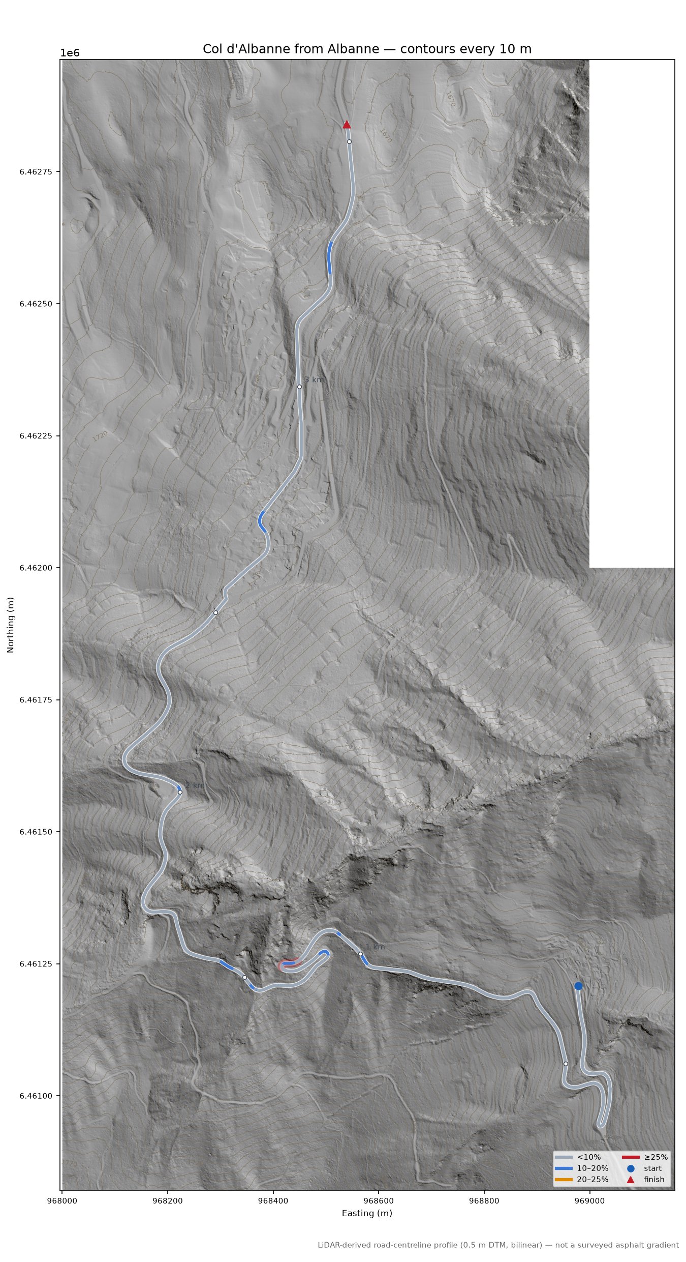 Col d'Albanne from Albanne LiDAR hillshade map with contours
