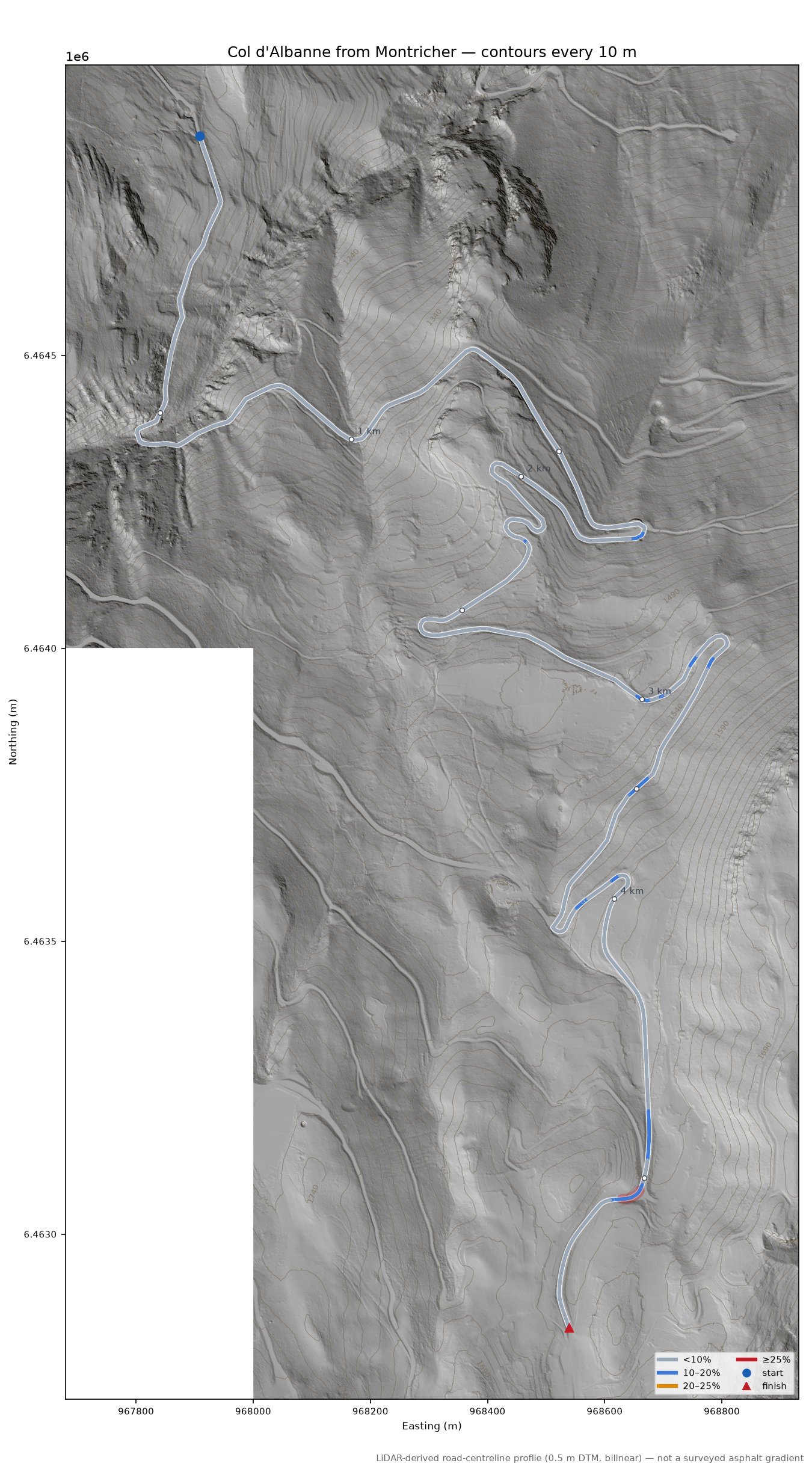 Col d'Albanne from Montricher LiDAR hillshade map with contours