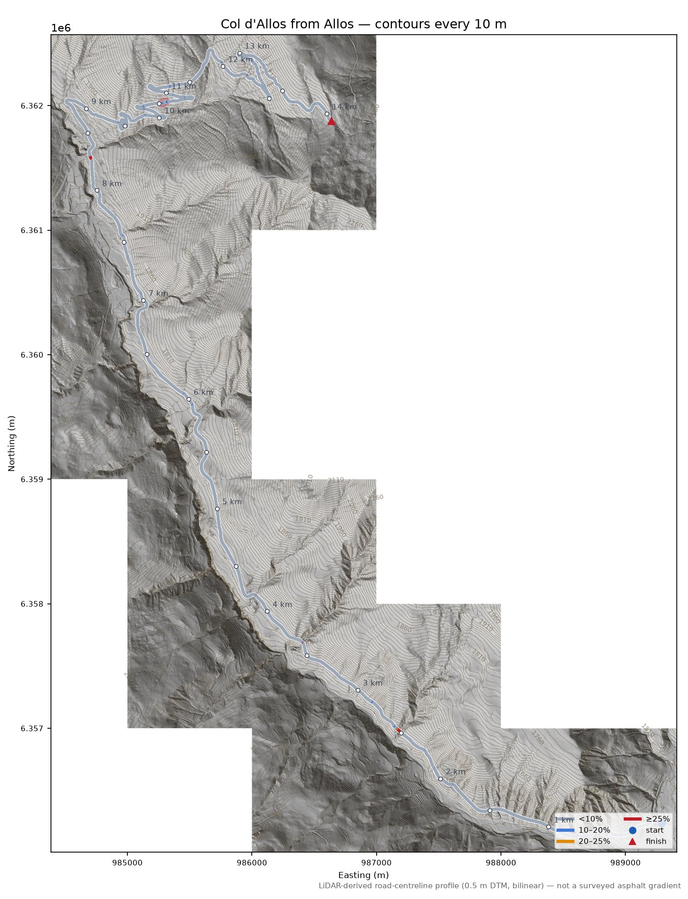 Col d'Allos from Allos LiDAR hillshade map with contours