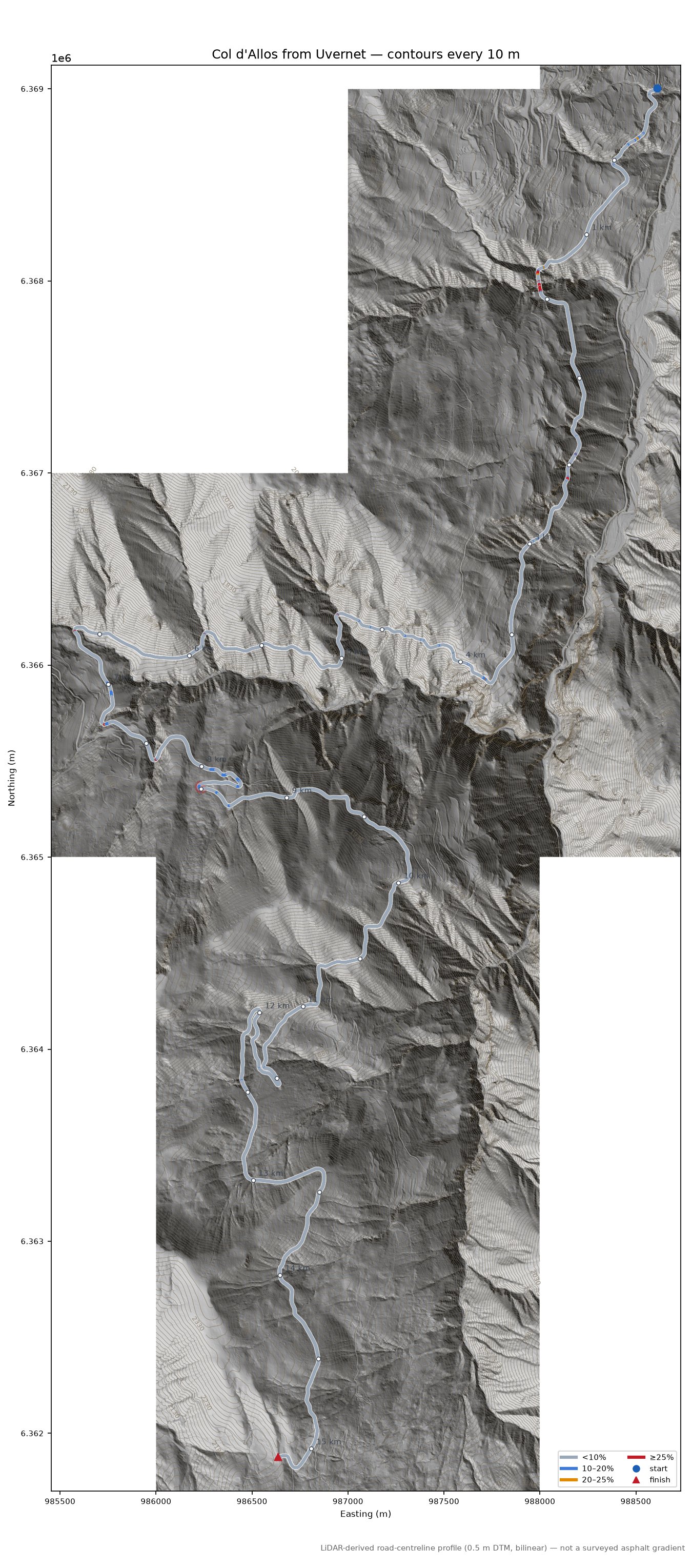 Col d'Allos from Uvernet LiDAR hillshade map with contours