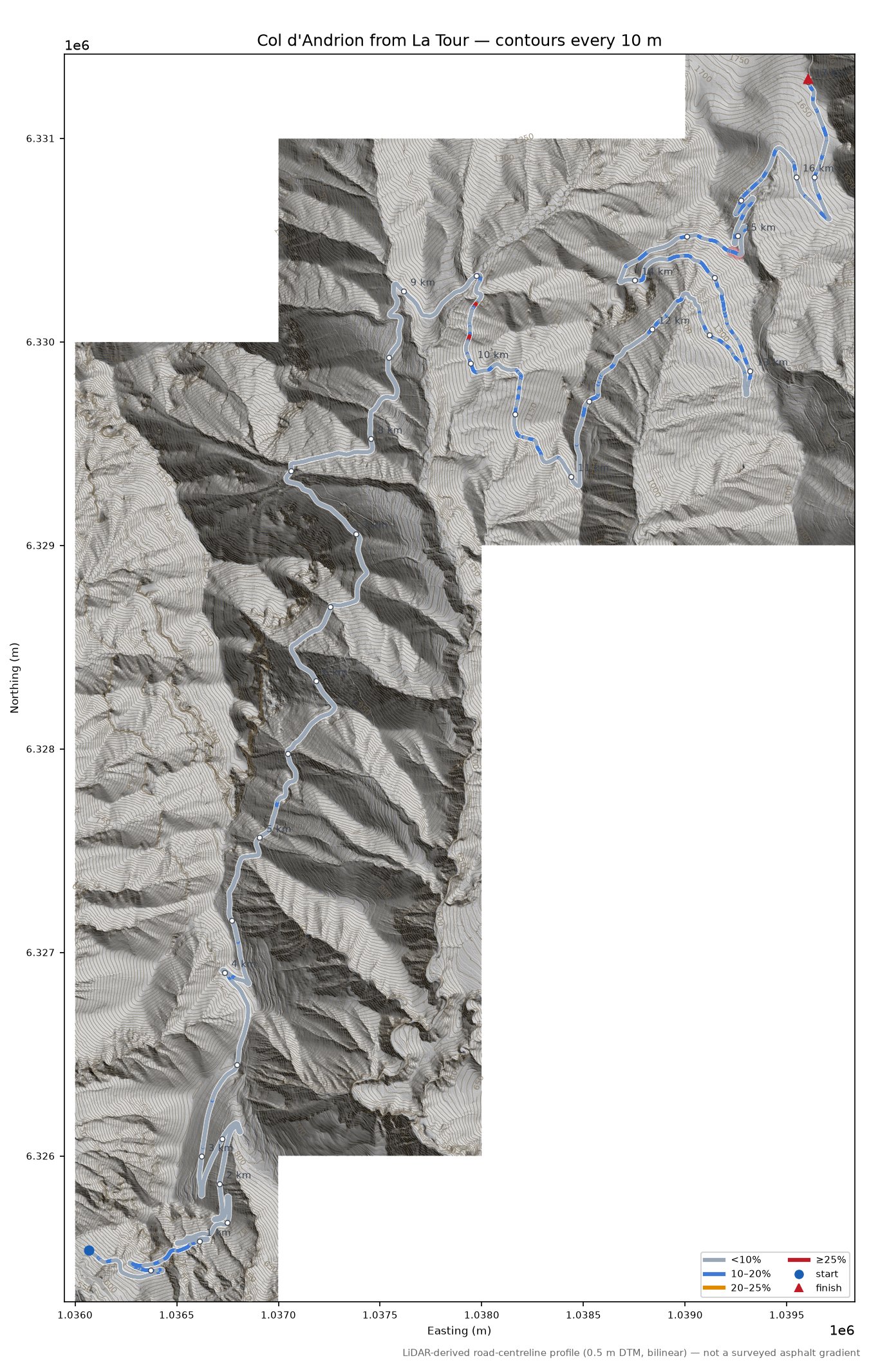 Col d'Andrion from La Tour LiDAR hillshade map with contours