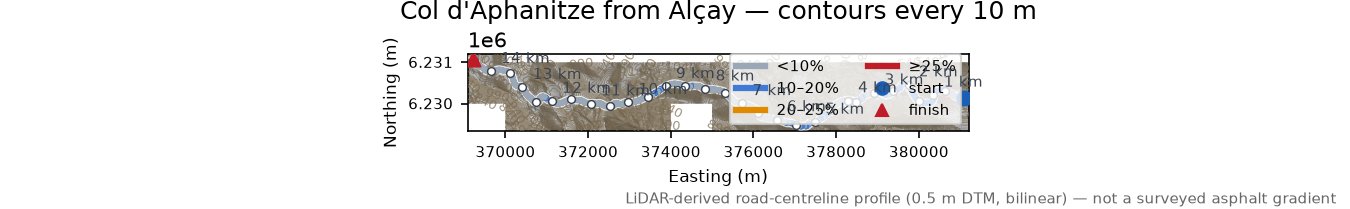 Col d'Aphanitze from Alçay LiDAR hillshade map with contours