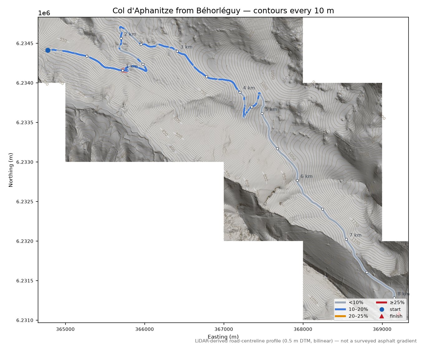 Col d'Aphanitze from Béhorléguy LiDAR hillshade map with contours