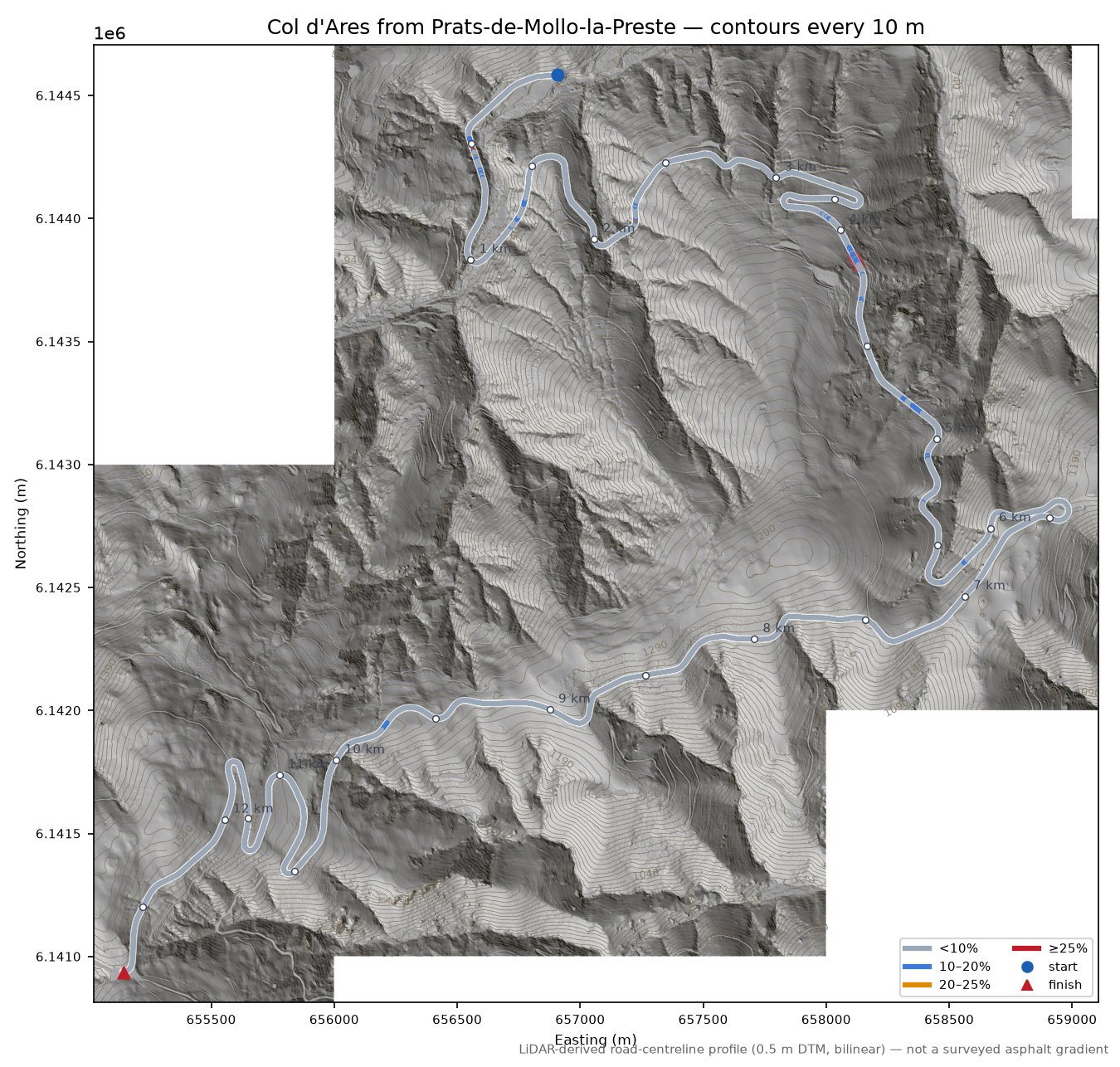 Col d'Ares from Prats-de-Mollo-la-Preste LiDAR hillshade map with contours