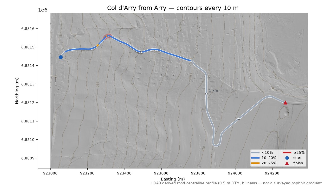 Col d'Arry from Arry LiDAR hillshade map with contours