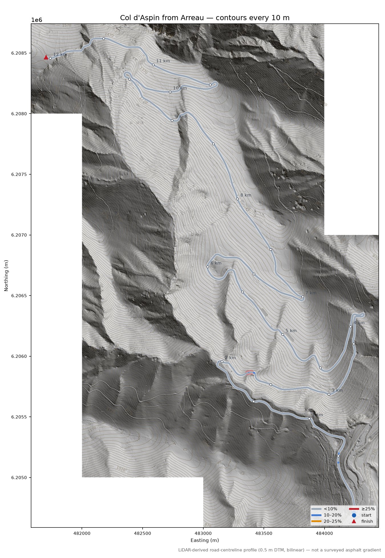 Col d'Aspin from Arreau LiDAR hillshade map with contours