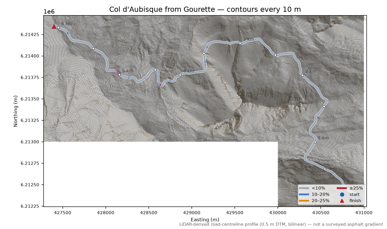 Col d'Aubisque from Gourette LiDAR hillshade map with contours