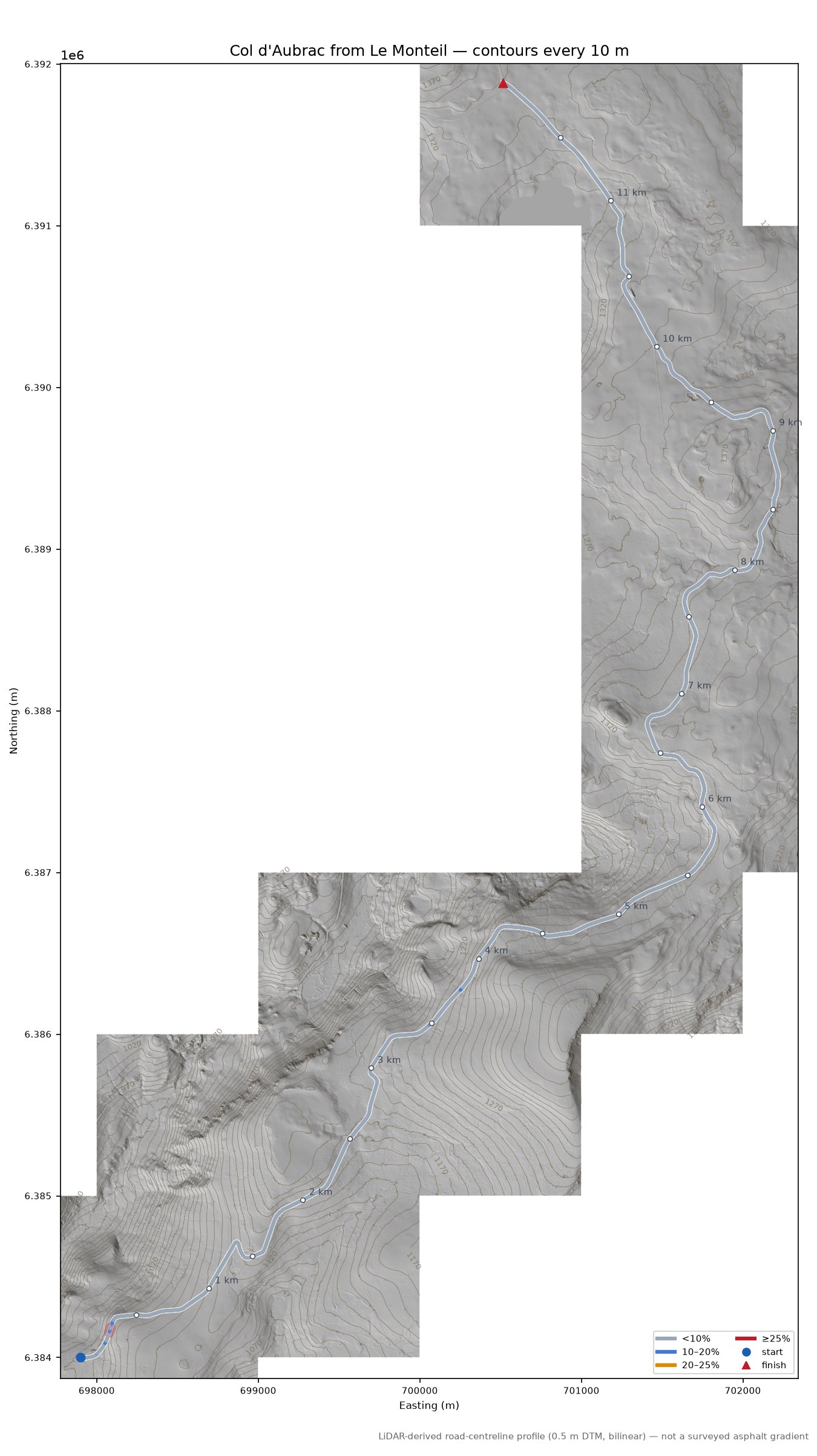 Col d'Aubrac from Le Monteil LiDAR hillshade map with contours