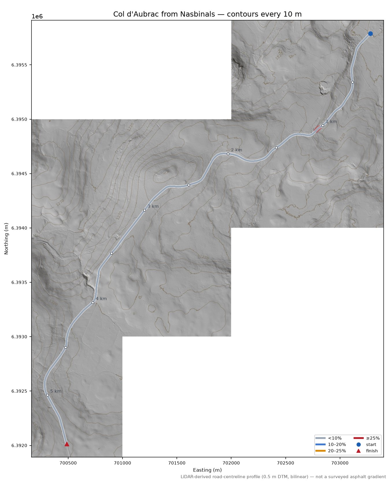 Col d'Aubrac from Nasbinals LiDAR hillshade map with contours