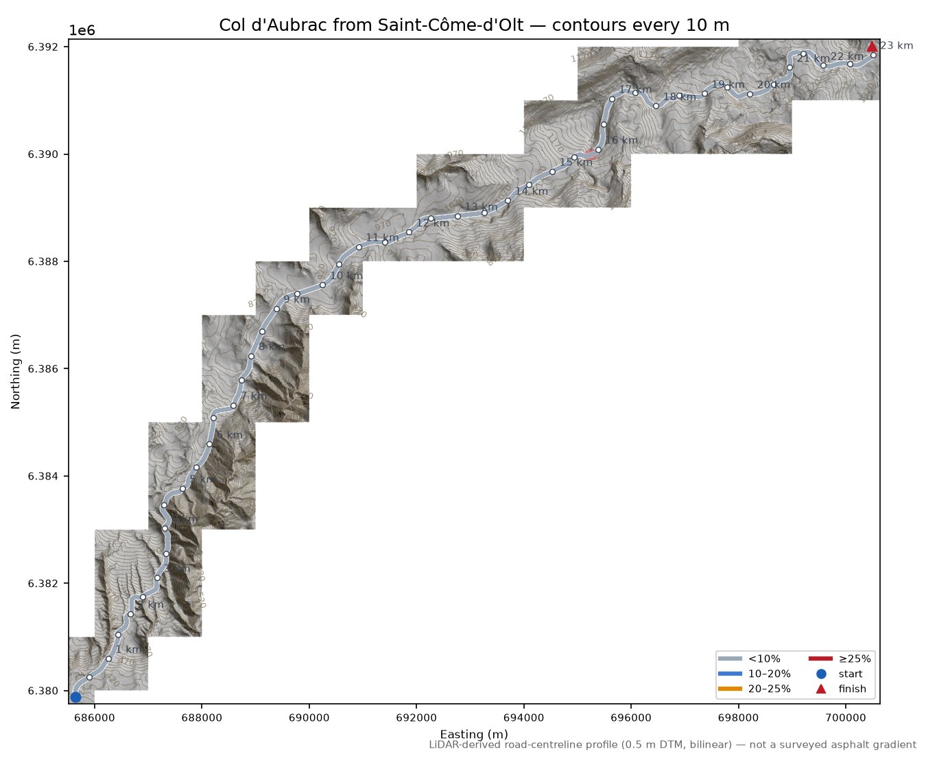 Col d'Aubrac from Saint-Côme-d'Olt LiDAR hillshade map with contours
