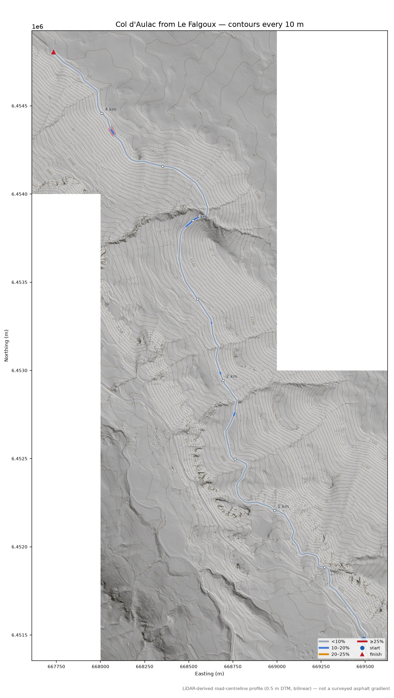 Col d'Aulac from Le Falgoux LiDAR hillshade map with contours