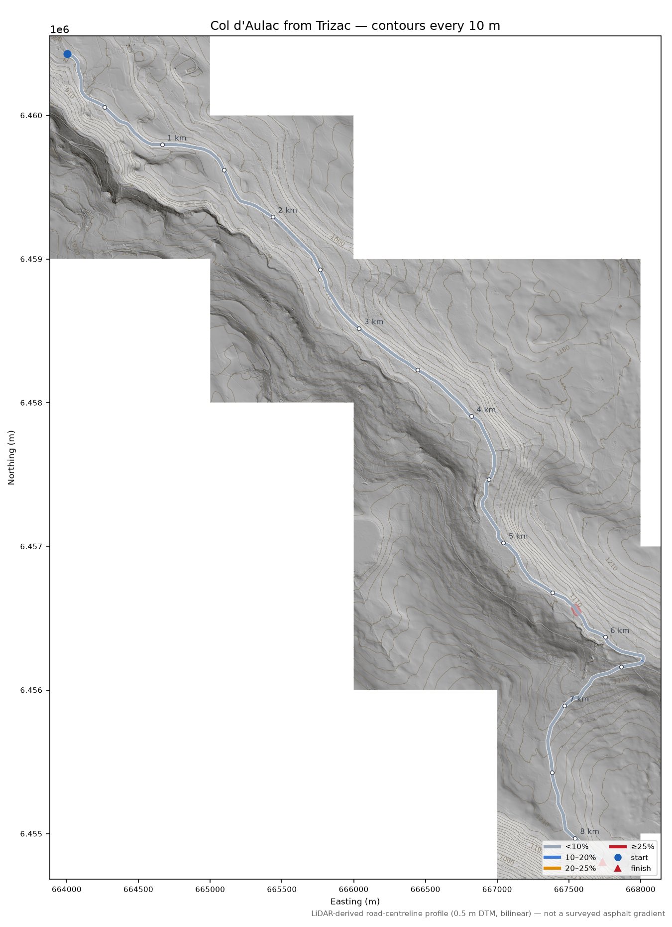 Col d'Aulac from Trizac LiDAR hillshade map with contours