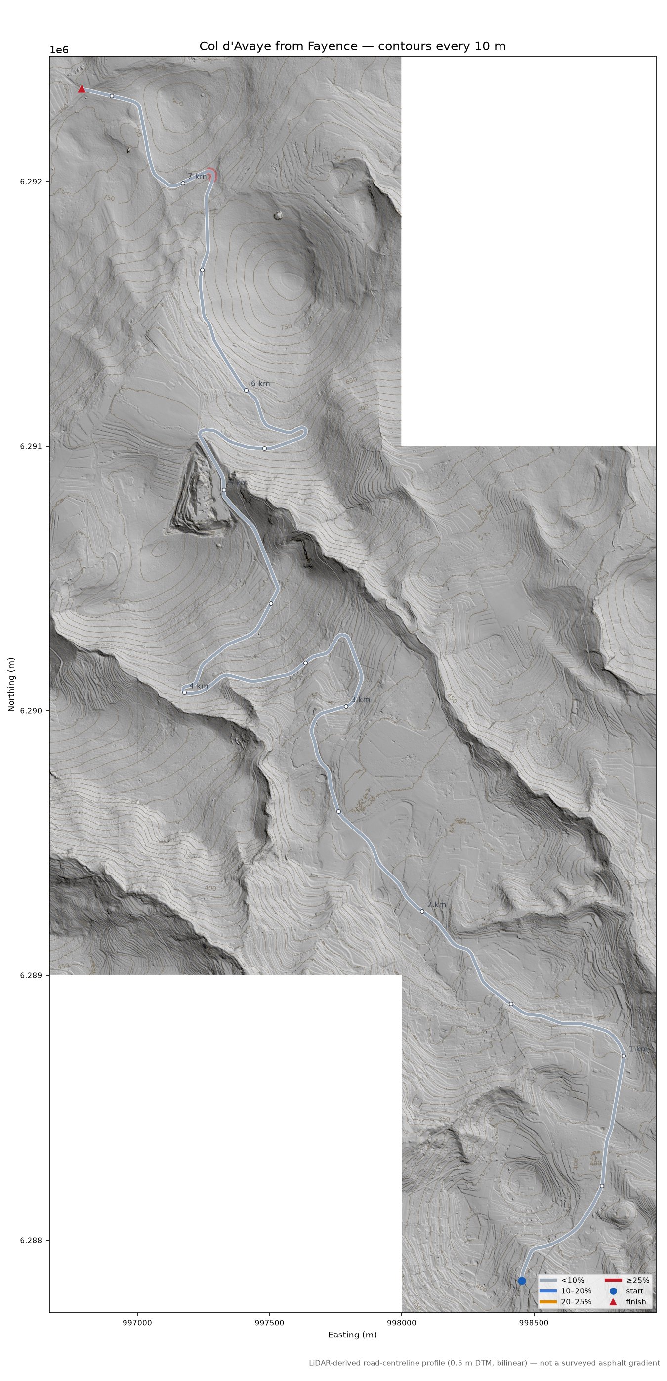 Col d'Avaye from Fayence LiDAR hillshade map with contours