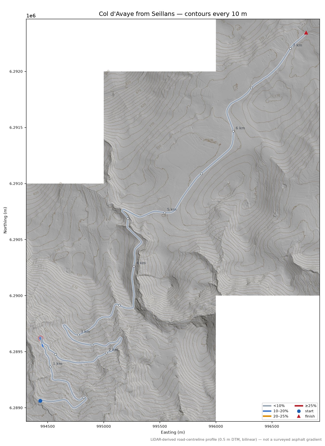 Col d'Avaye from Seillans LiDAR hillshade map with contours