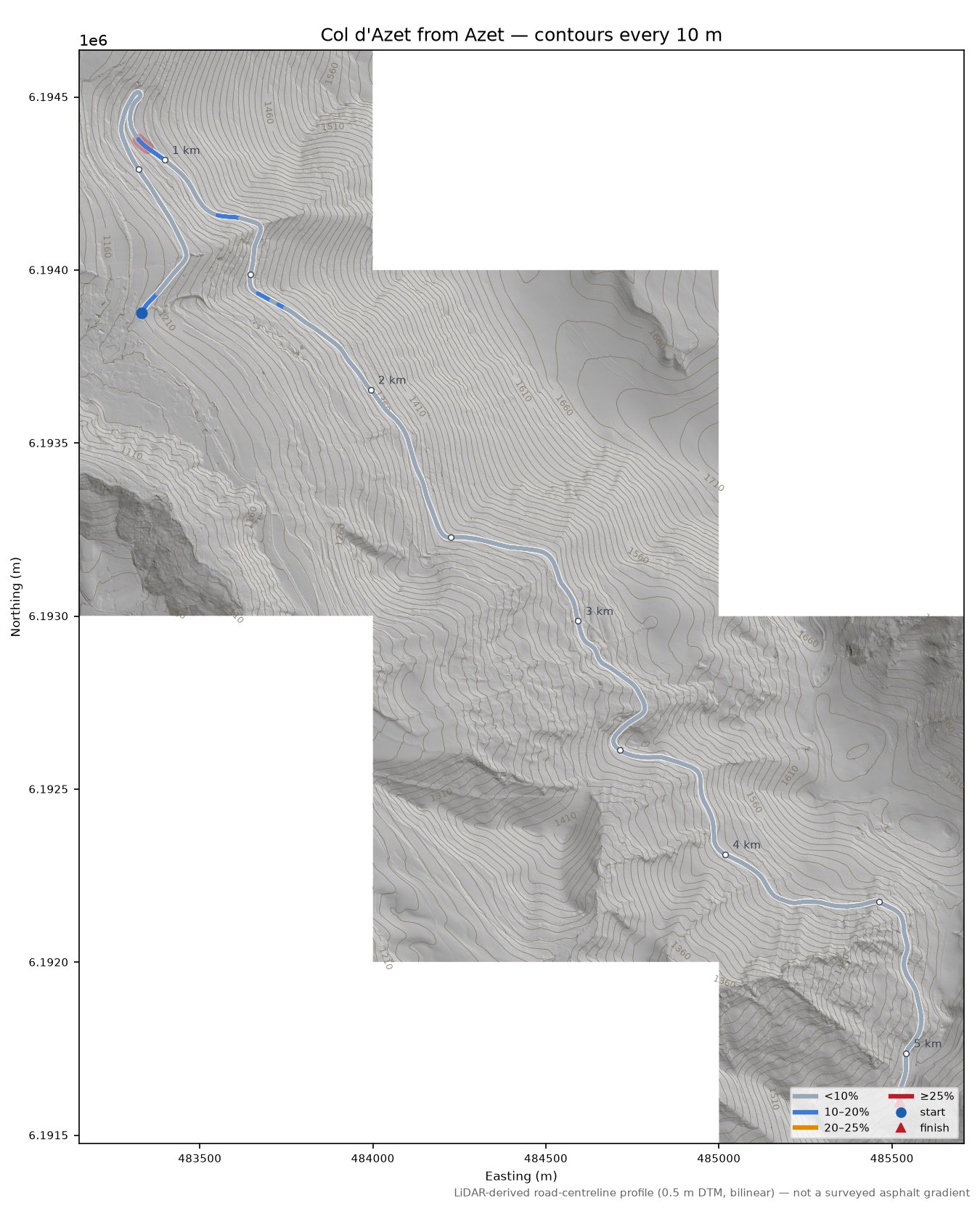 Col d'Azet from Azet LiDAR hillshade map with contours
