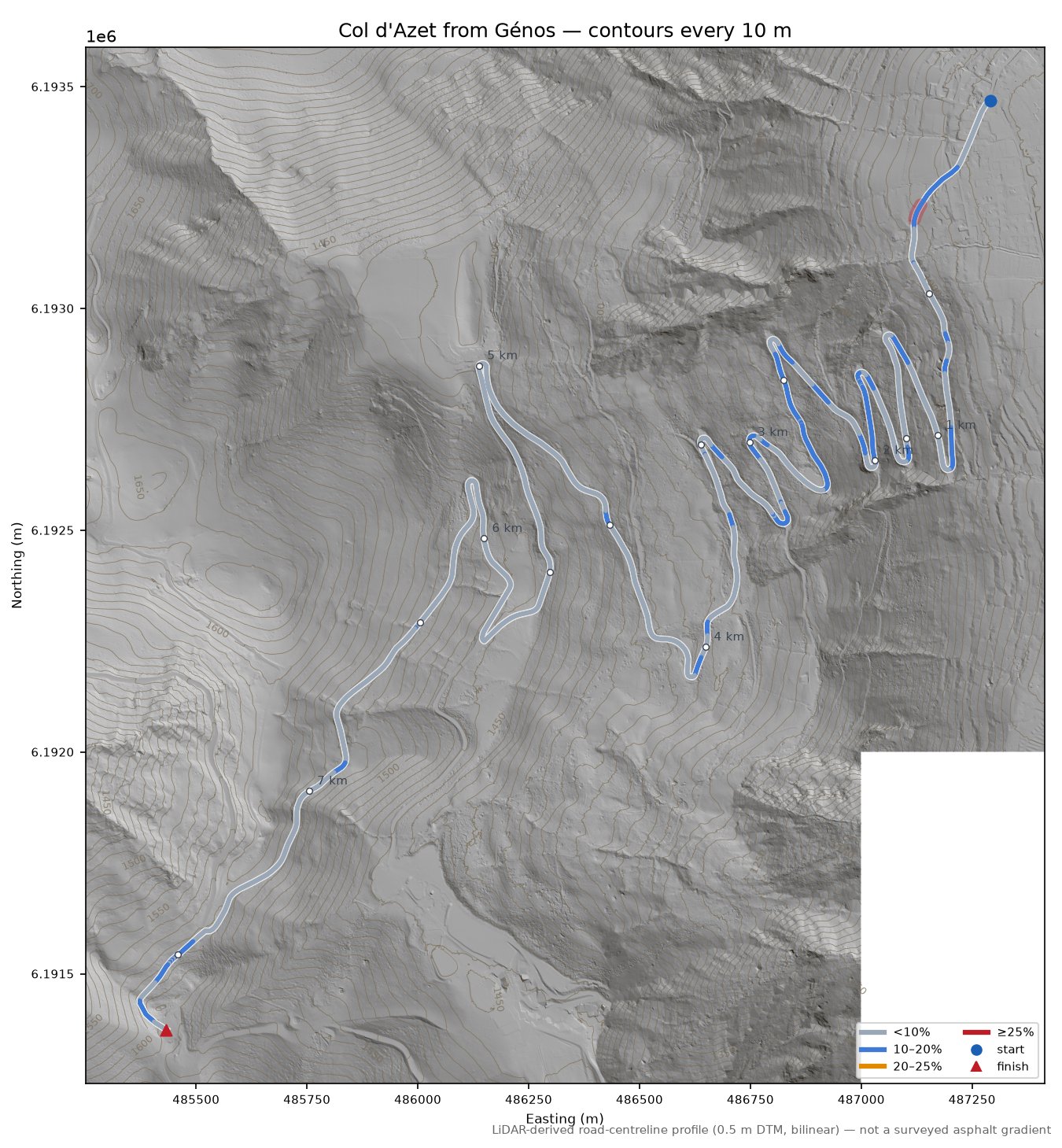Col d'Azet from Génos LiDAR hillshade map with contours